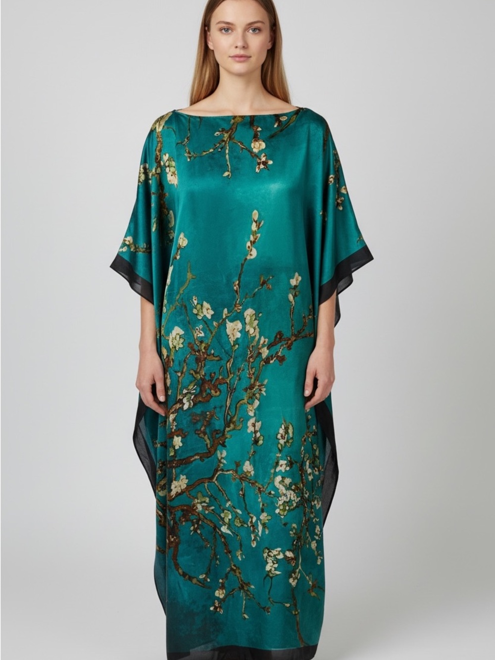 Teal Floral Faux Silk Kaftan Dress Gown 3/4 sleeves Batwing Boat Neck OS
